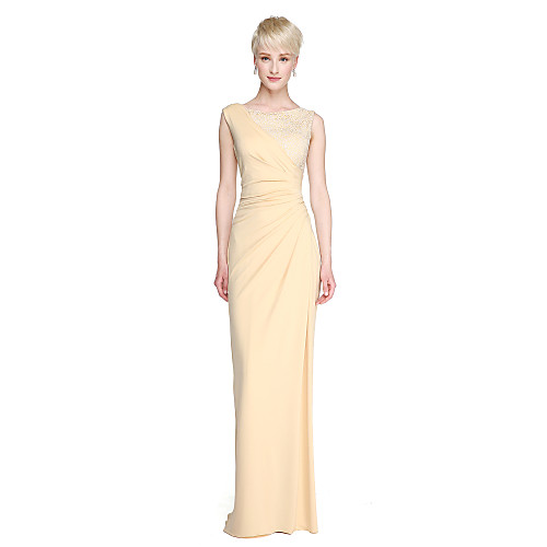 

Sheath / Column Jewel Neck Floor Length Lace / Jersey Bridesmaid Dress with Pleats / Split Front
