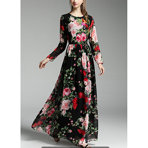 

Women's Swing Dress Maxi long Dress Black Long Sleeve Floral Print Fall Spring Round Neck Sophisticated Floral XS S M L XL XXL