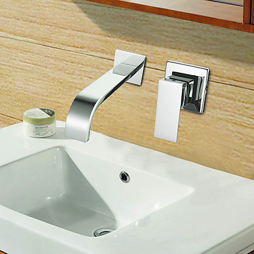 

Contemporary Wall Mounted Waterfall with Ceramic Valve Single Handle Two Holes for Chrome , Bathroom Sink Faucet