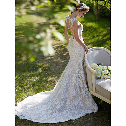 

Mermaid / Trumpet Wedding Dresses V Neck Court Train All Over Lace Regular Straps Sexy Backless with Appliques Button 2021
