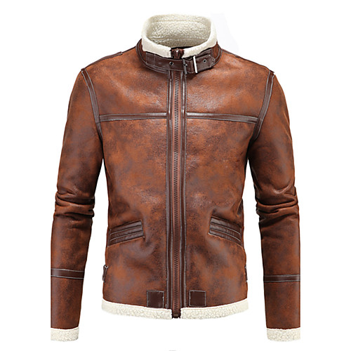 

Men's Leather Jackets Solid Colored Oversized Streetwear Winter Faux Leather Jacket Regular Weekend Long Sleeve Cotton Coat Tops Light Brown