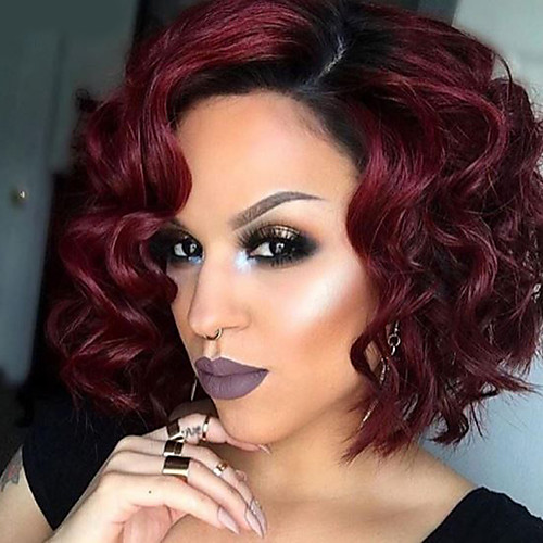 Synthetic Wig Wavy Kardashian Wavy Bob Wig Short Black Red Synthetic Hair Women S Ombre Hair Dark Roots Side Part Black