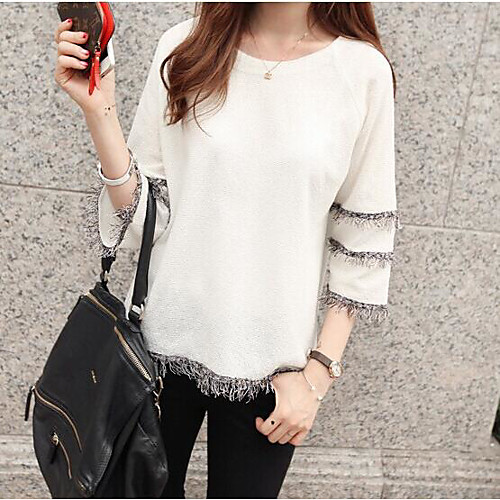 

Women's Blouse Solid Colored Tassel Fringe Long Sleeve Daily Tops White