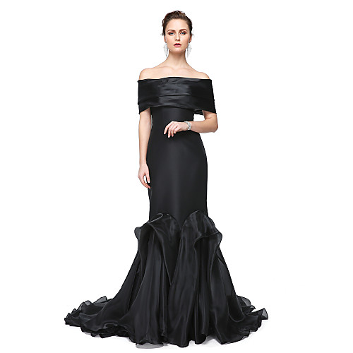 

Mermaid / Trumpet Elegant Formal Evening Black Tie Gala Dress Off Shoulder Short Sleeve Sweep / Brush Train Stretch Satin with Pleats 2021