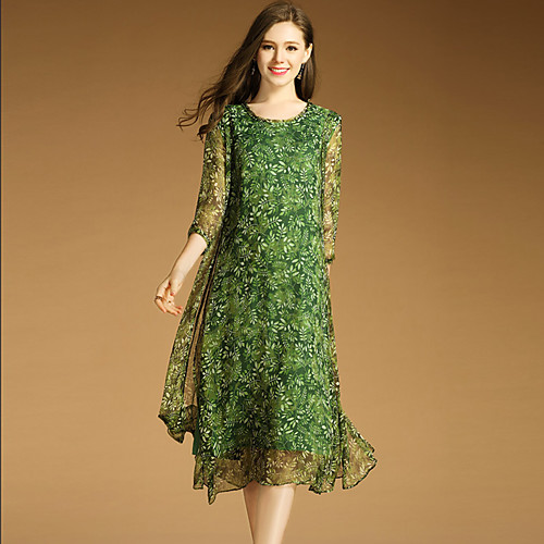 

Women's Swing Dress Midi Dress Green Graphic Split Print Spring Summer Round Neck Casual M L XL XXL 3XL / Plus Size