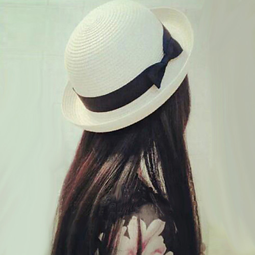

Women's Bucket Hat Straw Hat Sun Hat Cute Straw Polyester Solid Colored Summer Fall White Fuchsia Khaki