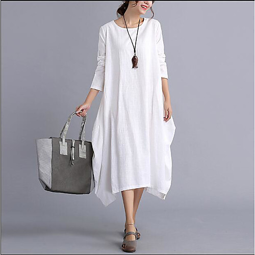 

Women's Tunic Midi Dress White Red Long Sleeve Red Solid Colored Spring Summer Round Neck Cotton M L XL XXL
