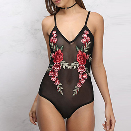 

Women's Club Strap Embroidery Black Bodysuit Floral Embroidered