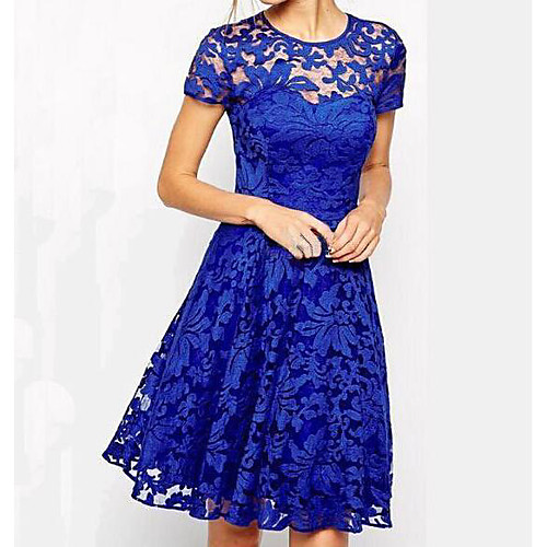 

Women's Skater Short Mini Dress Black Blue Short Sleeve Blue Solid Colored Lace Summer Round Neck Sophisticated Lace S M L XL