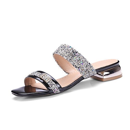 

Women's Sandals Low Heel Square Toe Slingback Dress PU Sequin Summer Black Gold Green