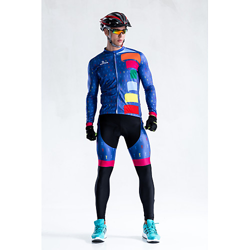 

Men's Long Sleeve Cycling Jersey with Bib Tights Winter Fleece Spandex Coolmax Blue Bike Bib Tights Windproof Fleece Lining Breathable Quick Dry Anatomic Design Sports Patterned Mountain Bike MTB