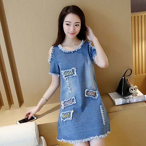 

Women's A Line Dress Short Mini Dress Blue Short Sleeve Blue Solid Color Artistic Style Summer Round Neck Off Shoulder S M L XL XXL