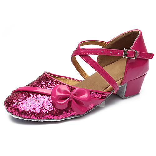 

Latin Shoes Ballroom Shoes Sandal Buckle Sequin Chunky Heel Red Fuchsia Gold Buckle Kid's