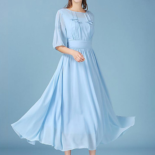 

Women's Chiffon Dress Maxi long Dress Light Blue Blue Solid Colored Summer Round Neck S M L XL
