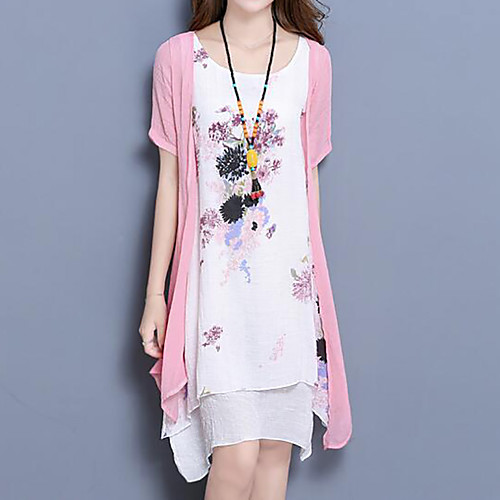 

Women's Loose Short Mini Dress Blue Blushing Pink Short Sleeve Floral Print Summer Round Neck M L XL XXL 3XL / Plus Size