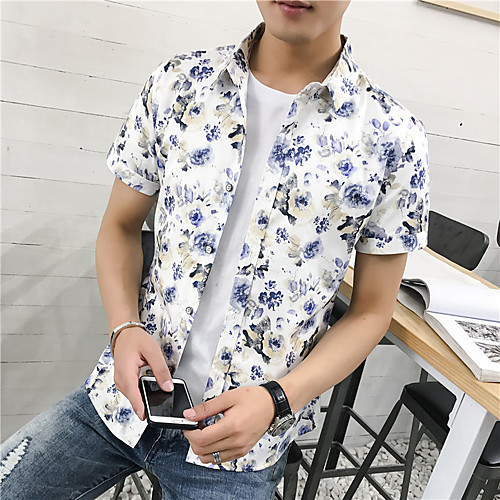 

Men's Shirt Floral Short Sleeve Daily Tops Cotton Casual Blue Red Gray