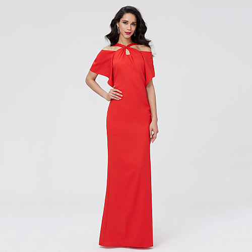 

Sheath / Column Beautiful Back Holiday Cocktail Party Formal Evening Dress Straps Half Sleeve Floor Length Chiffon with Pleats 2021