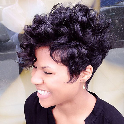 

Human Hair Blend Wig Short Curly Pixie Cut Layered Haircut Short Hairstyles 2020 With Bangs Berry Curly African American Wig Machine Made Capless Women's Natural Black #1B White