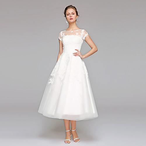 

Ball Gown Wedding Dresses Bateau Neck Tea Length Lace Over Tulle Short Sleeve Formal Casual Illusion Detail Cute with Lace Appliques 2021