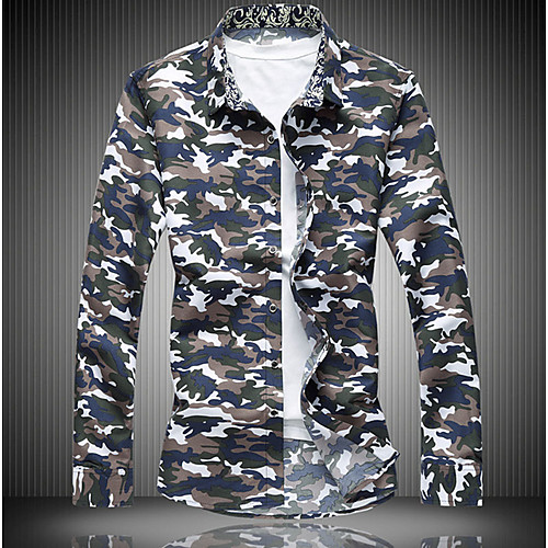 

Men's Shirt Multi Color Plus Size Print Long Sleeve Daily Tops Cotton Army Green Light Blue