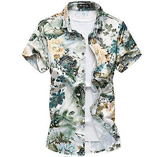 

Men's Shirt Floral Print Short Sleeve Beach Tops Cotton Boho Light Green