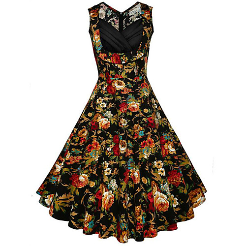

Women's Swing Dress Midi Dress Yellow Sleeveless Floral Summer V Neck Vintage Cotton S M L XL XXL 3XL 4XL / Plus Size