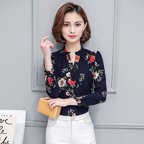 

Women's Shirt Floral Ruched Long Sleeve Daily Tops White Black Navy Blue