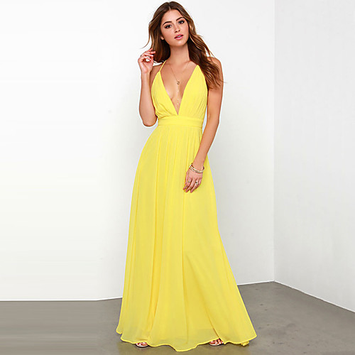 

Women's Strap Dress Maxi long Dress Yellow Long Sleeve Solid Colored Summer Backless S M L XL XXL