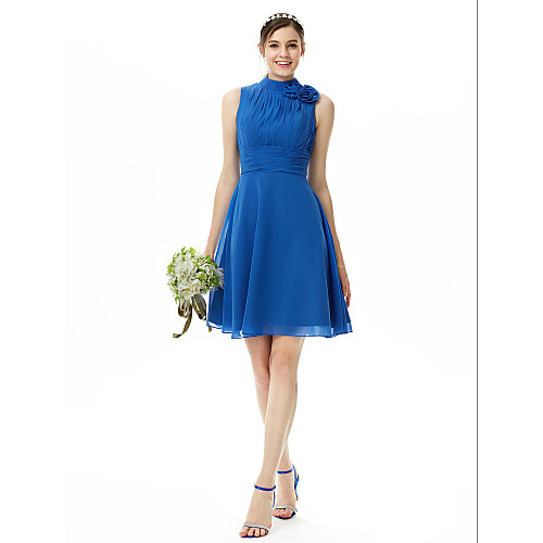 

A-Line High Neck Knee Length Chiffon Bridesmaid Dress with Pleats / Ruched / Flower