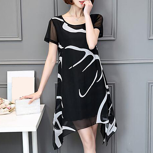 

Chiffon Dress Short Mini Dress White Black Short Sleeve White Graphic Print Summer Round Neck L XL XXL 3XL 4XL 5XL / Plus Size