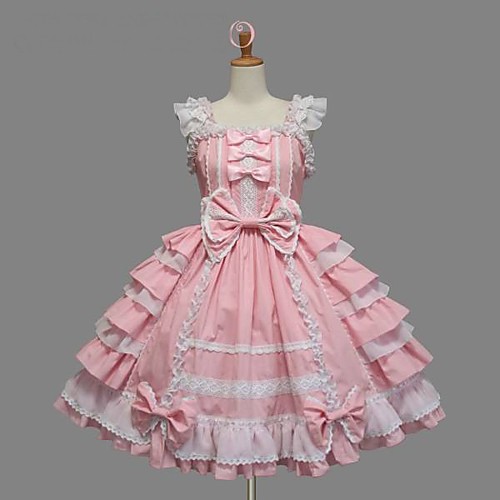 

Princess Sweet Lolita Ruffle Dress Vacation Dress Dress JSK / Jumper Skirt Women's Girls' Cotton Japanese Cosplay Costumes Plus Size Customized Pink Ball Gown Solid Colored Bowknot Sleeveless Knee