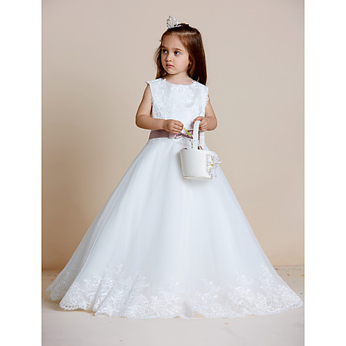 

A-Line Floor Length Wedding / First Communion Flower Girl Dresses - Satin / Tulle Sleeveless Jewel Neck with Sash / Ribbon / Bow(s) / Appliques