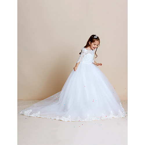 

Ball Gown Sweep / Brush Train Wedding / First Communion Flower Girl Dresses - Lace / Tulle Half Sleeve Off Shoulder with Lace / Appliques