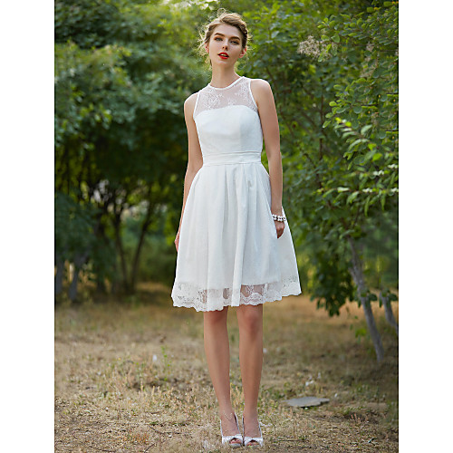 

A-Line Wedding Dresses Jewel Neck Knee Length Lace Sleeveless Little White Dress with Sash / Ribbon Draping 2021