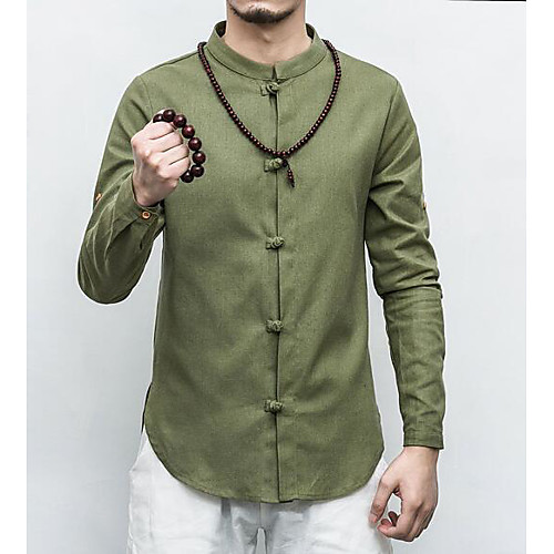 

Men's Solid Colored Print Slim Shirt - Linen Boho Chinoiserie Daily Weekend Standing Collar White / Black / Blue / Army Green / Navy Blue / Khaki / Dark Gray / Spring / Fall / Long Sleeve