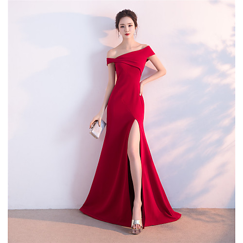 

Mermaid / Trumpet Sexy Engagement Formal Evening Dress Off Shoulder Short Sleeve Sweep / Brush Train Satin with Split 2021
