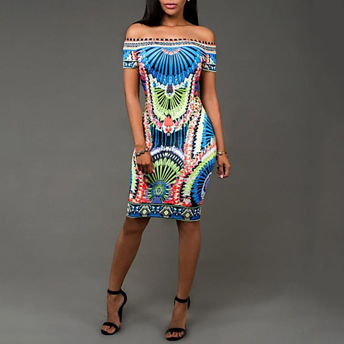 

Women's Bodycon Knee Length Dress Blue Short Sleeve Blue Print Summer Strapless Streetwear Boho Bohemia Beach S M L XL