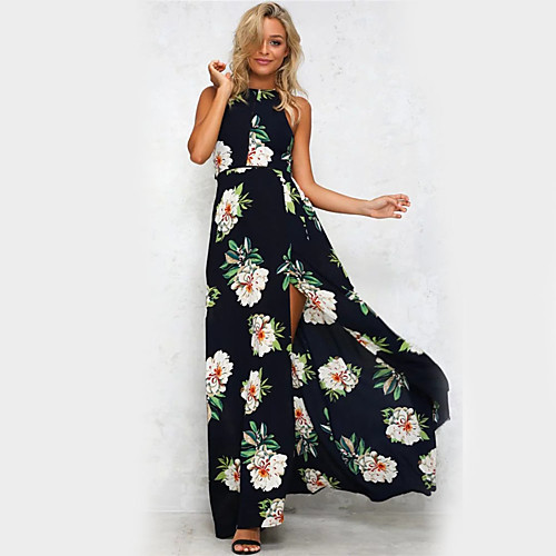 

Women's Sheath Dress Maxi long Dress White Khaki Navy Blue Sleeveless Floral Summer Halter Neck Streetwear Floral S M L XL XXL
