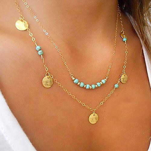 

Women's Turquoise Pendant Necklace Double Floating Cheap Ladies Personalized Basic Double-layer Gold Plated Turquoise Alloy Golden Silver Necklace Jewelry For Wedding Party Daily Casual Sports