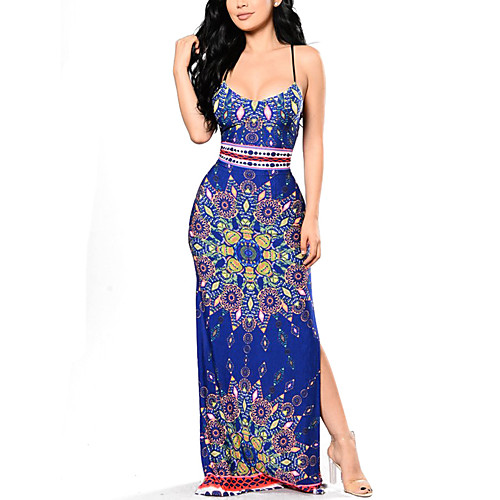 

Women's Strap Dress Maxi long Dress White Blue Sleeveless Blue Backless Criss Cross Print Spring Summer Streetwear Boho Boho Bohemia Beach S M L XL