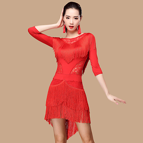 

Latin Dance Dress Lace Tassel Women's Performance 3/4 Length Sleeve High Lace Milk Fiber Polyester