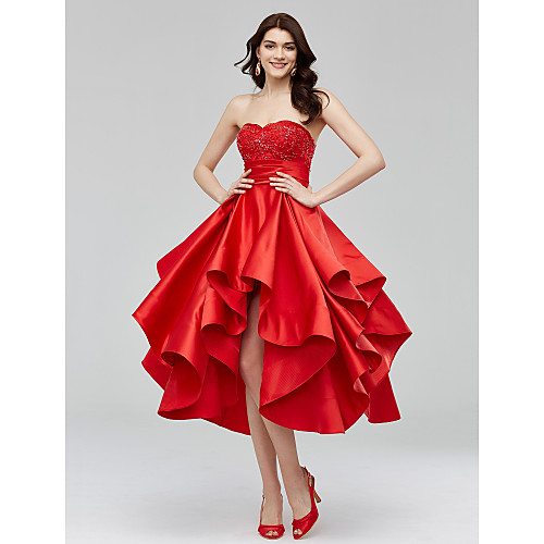 

A-Line Fit & Flare Open Back Homecoming Cocktail Party Prom Dress Sweetheart Neckline Sleeveless Asymmetrical Satin with Beading Appliques 2021