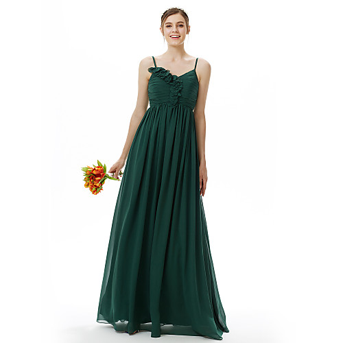 

Princess / A-Line Spaghetti Strap Floor Length Chiffon Bridesmaid Dress with Pleats / Ruffles / Flower