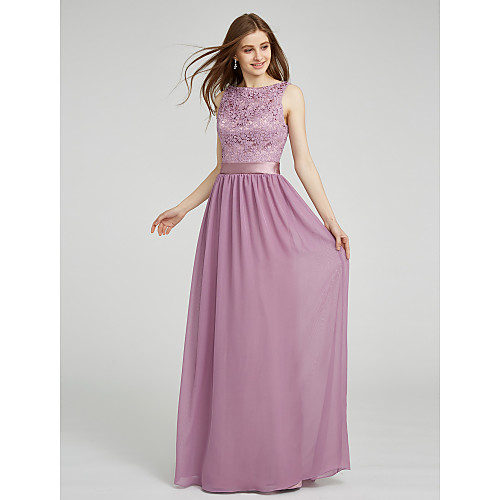 

Sheath / Column Bateau Neck Floor Length Chiffon / Lace Bodice Bridesmaid Dress with Lace / Sash / Ribbon