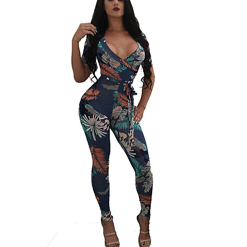 

Women's Vintage Boho Daily Holiday Going out Deep V Blue Jumpsuit Print