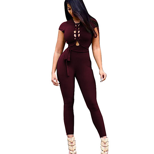 

Women's Casual Active Sports Backless Wine Jumpsuit Solid Colored Cut Out