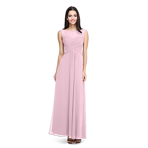 

A-Line Bateau Neck Ankle Length Chiffon Bridesmaid Dress with Criss Cross / Side Draping / See Through