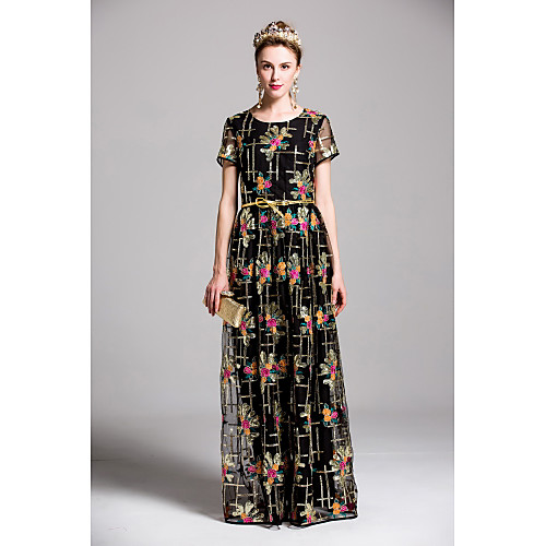 

Women's Swing Dress Maxi long Dress Black Yellow Short Sleeve Embroidered Spring Summer Round Neck Going out Embroidery M L XL XXL / Sequins / Floral