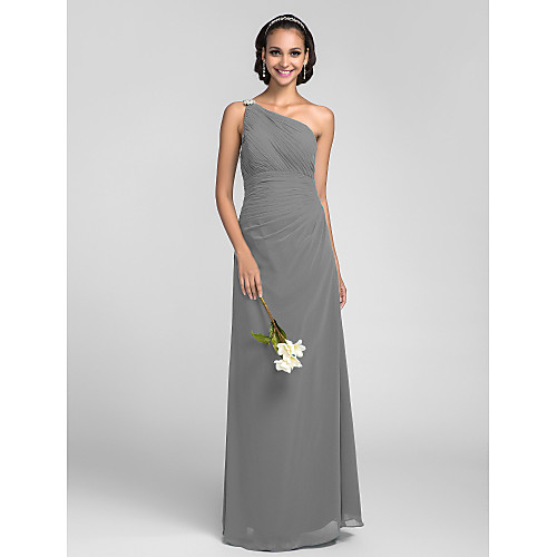 

Sheath / Column One Shoulder Floor Length Chiffon Bridesmaid Dress with Ruched / Side Draping / Crystal Brooch