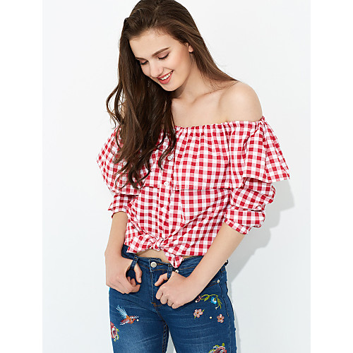 

Women's Shirt Plaid Ruffle Long Sleeve Daily Tops Cotton White Red Blue